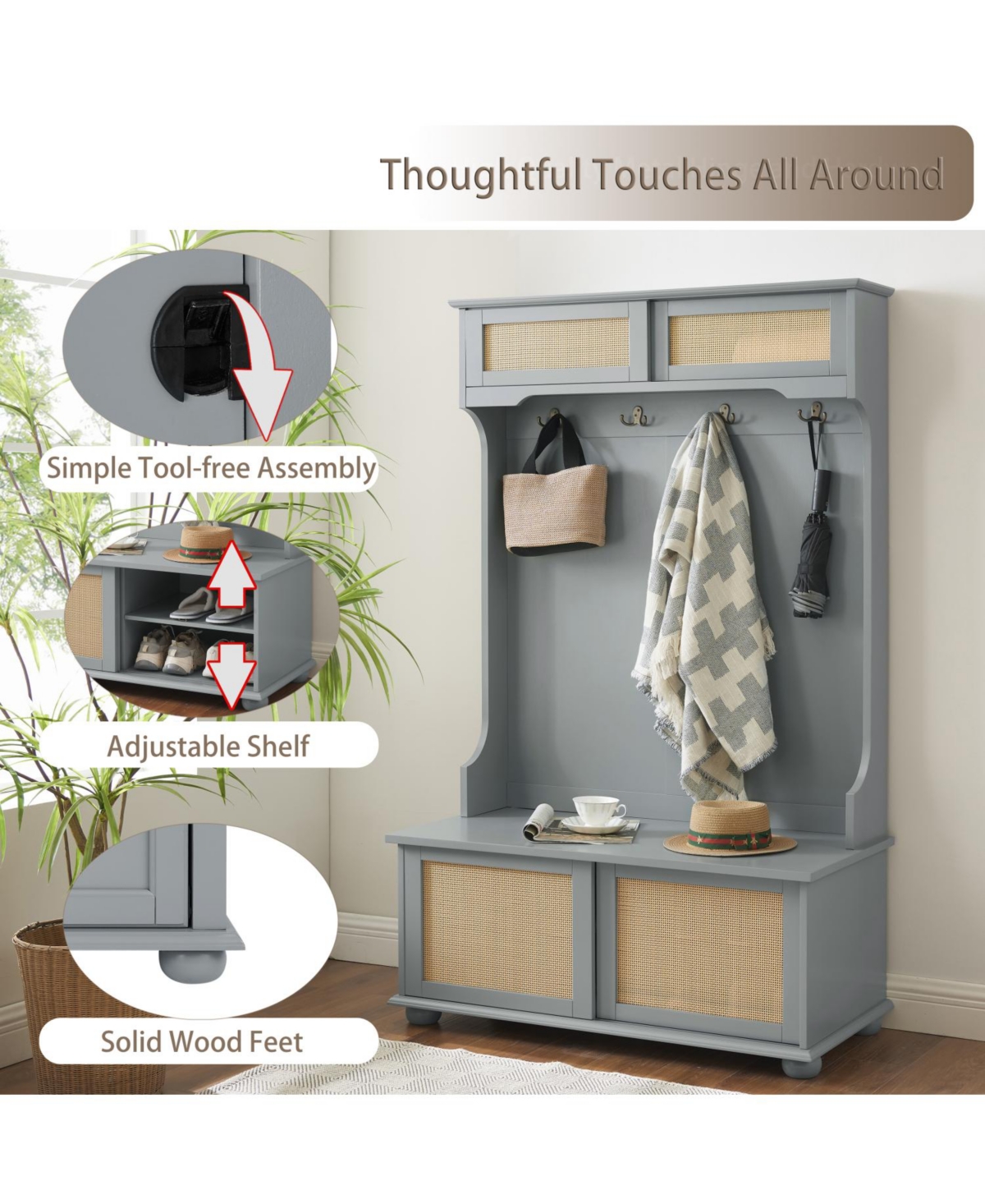 Streamdale Hall Tree Entryway Bench with Shoe Storage, Rattan, Gray (40"W x 18"D x 64"H)