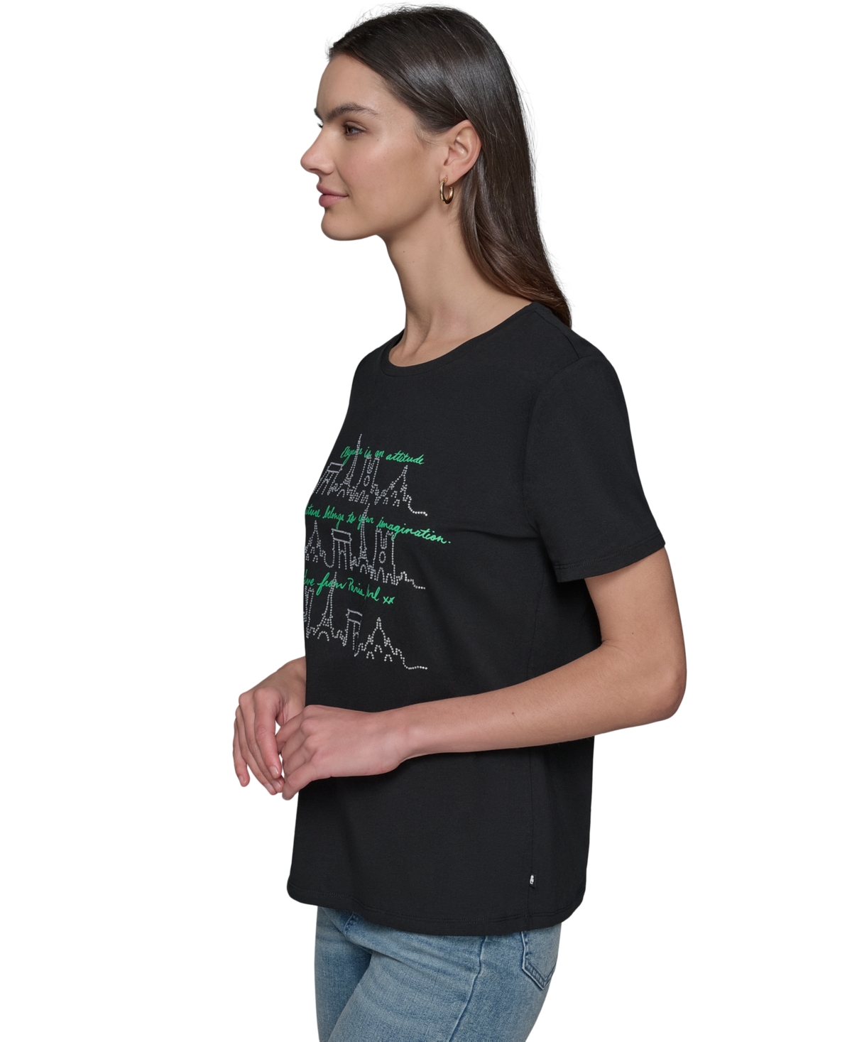 Karl Lagerfeld Women's Rhinestone Paris Skyline Graphic T-shirt In Black  Flore Green