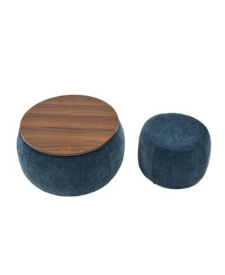 Round Storage Ottoman, 2 in 1 Function, Work as End table and Ottoman,with small seat,Dark blue(25"x25"x14.7")