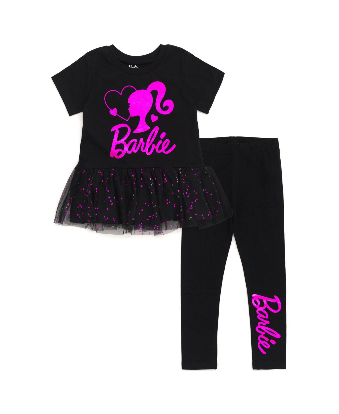 Брюки Barbie Metallic Print Peplum T-Shirt and Pants для девочек-малышей, цвет: Чёрный / Розовый — фото 1