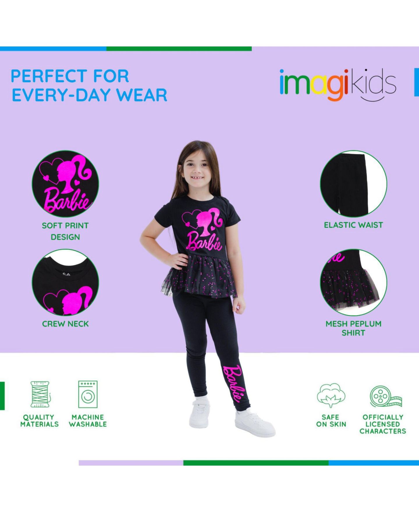 Брюки Barbie Metallic Print Peplum T-Shirt and Pants для девочек-малышей, цвет: Чёрный / Розовый — фото 6