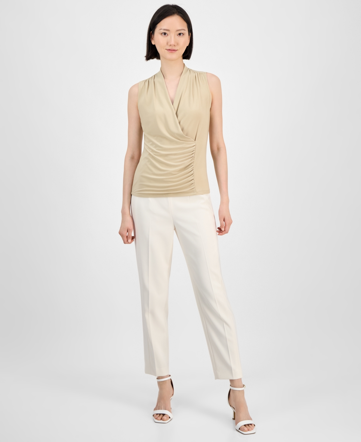 Anne Klein Shirred Faux Wrap Top In Safari