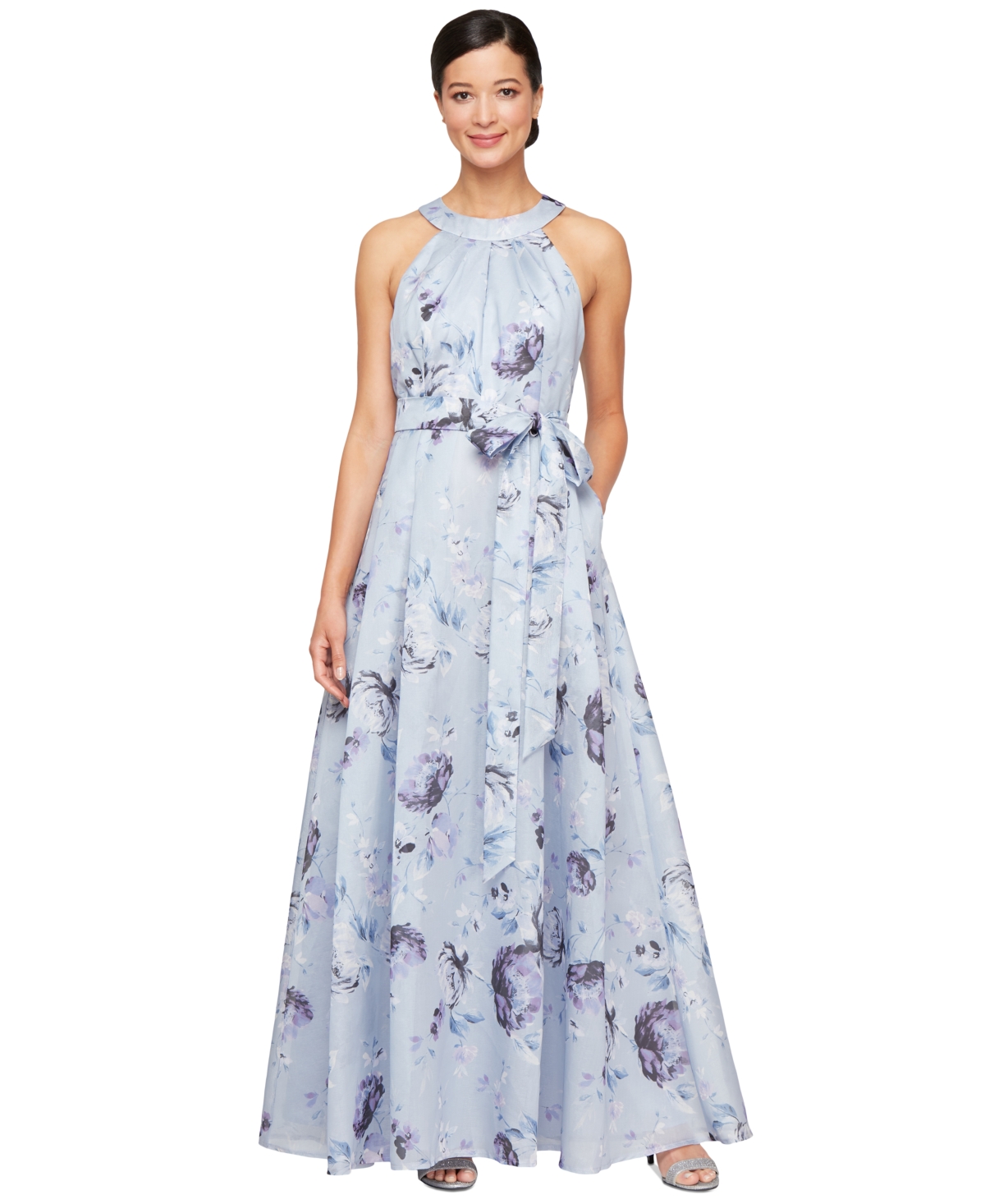 Petite Printed Organza Halter Dress - Purple Multi