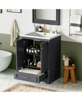 24" Freestanding Soft-Close Doors & Silver Handles – Modern Storage Bathroom Cabinet Vanity with Ceramic Sink