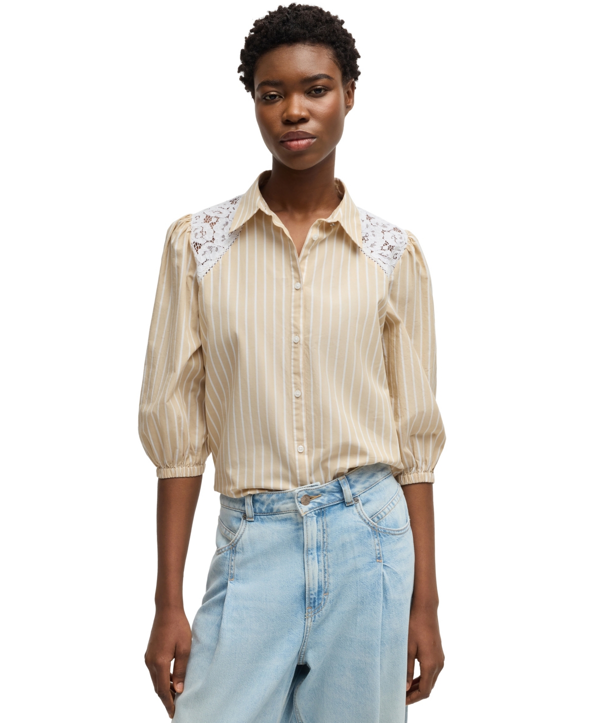 Boss by Hugo Boss Women's Striped Regular Fit Blouse - Open Beige