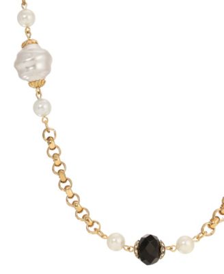 Faux Cultivated Pearl Jet Bead Strand Necklace