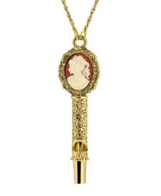 Gold Tone Carnelian Ivory Cameo Whistle Necklace