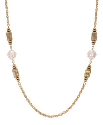 Faux Cultivated Pearl Fluted Brass Long Necklace
