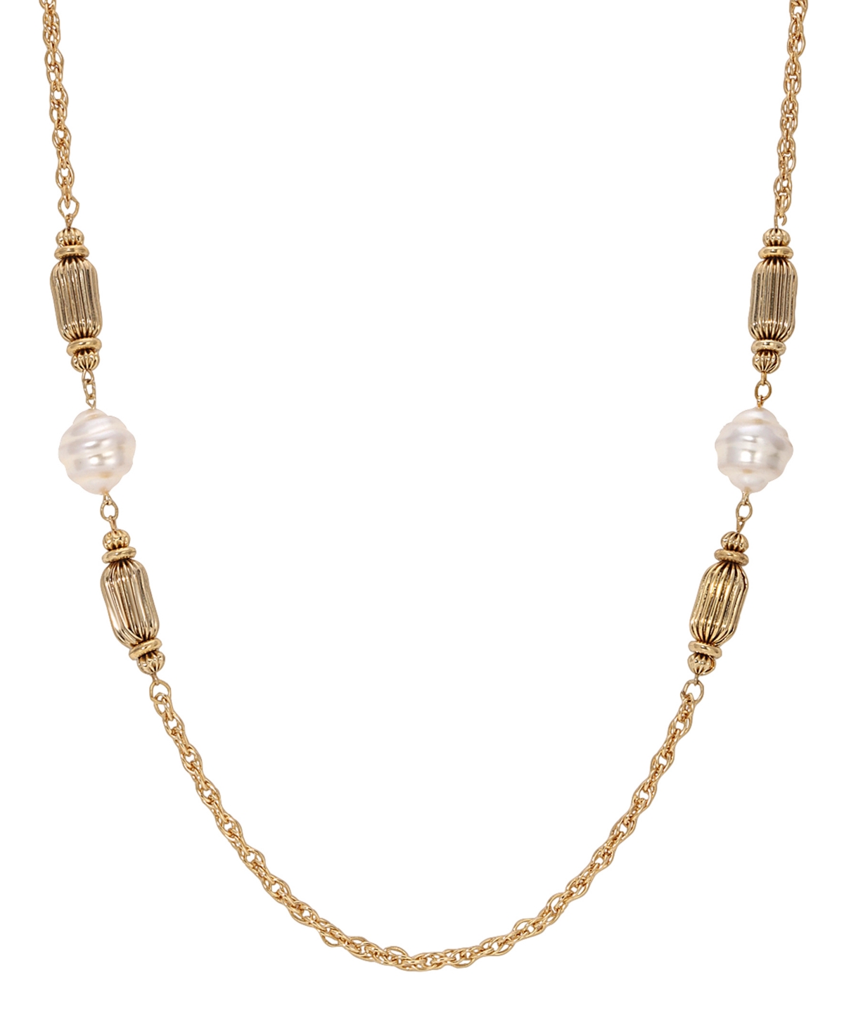 2028 FAUX CULTIVATED PEARL FLUTED BRASS LONG NECKLACE