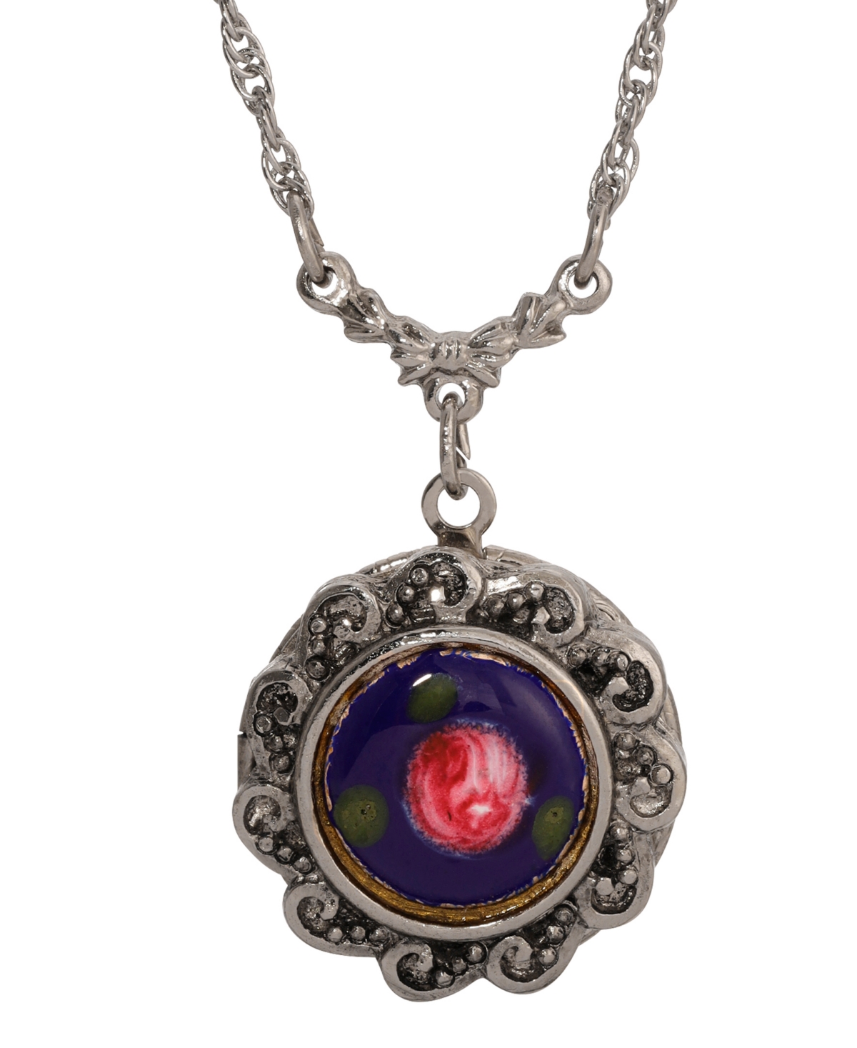 2028 Floral Enamel Round Locket Necklace In Blue