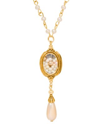 Encased Faux Cultivated Pearls and Teardrop Y Necklace