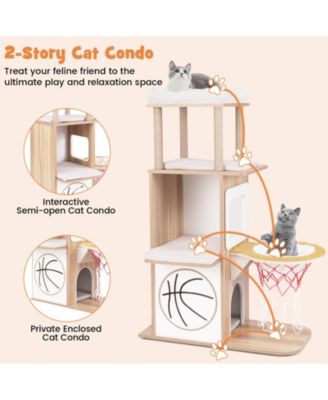 Cat Tree with 2-Story Condo, Basketball Hoop & Hammock Fun Multi-Level Play Tower for Cats