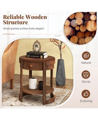 2-Piece Wood Nightstand Set with Shelf and Wood Grain Drawer – Round End Table for Living Room