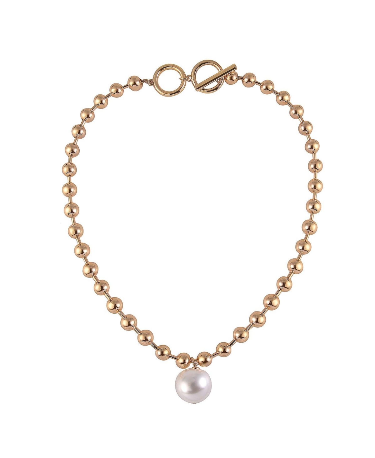 Gold Tone Ball Chain Toggle Necklace with Pearl Drop Pendant - Gold