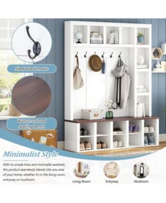 Streamdale Farmhouse Hall Tree with 6 Hooks, Adjustable Shelves, Shoe Cabinet, Mudroom Storage, 76.7