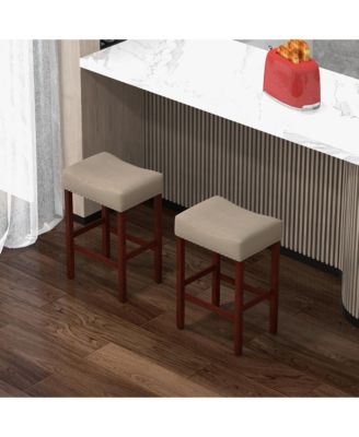 Set of 4 Bar Stools Counter Height Saddle Kitchen Chairs w/ Wooden Legs