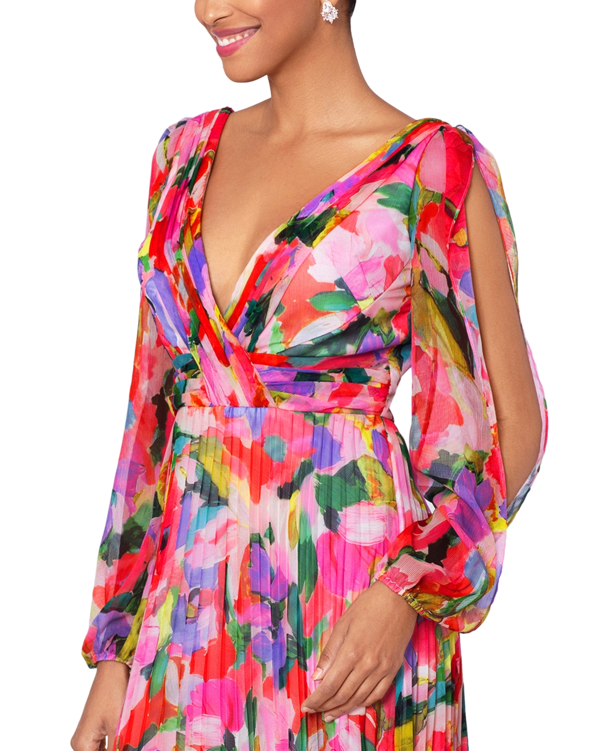 BETSY & ADAM PETITE PRINTED PLEATED CHIFFON DRESS 
