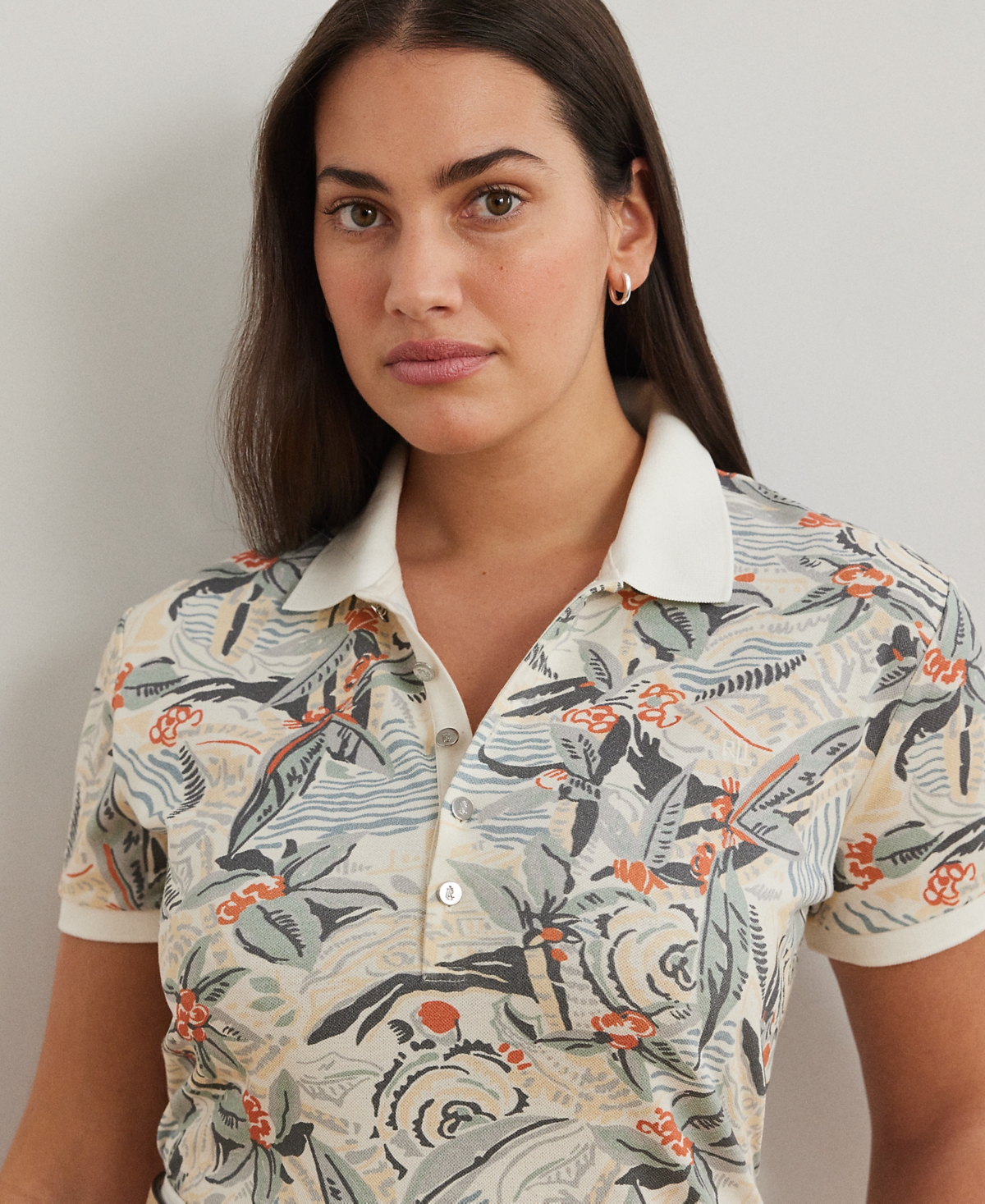 Shop Ralph Lauren Plus Size Print Stretch Pique Polo Shirt In Cream Multi