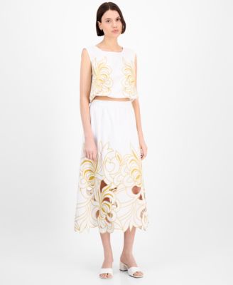 Avec Les Filles - Women's Cotton Embroidered Midi Skirt