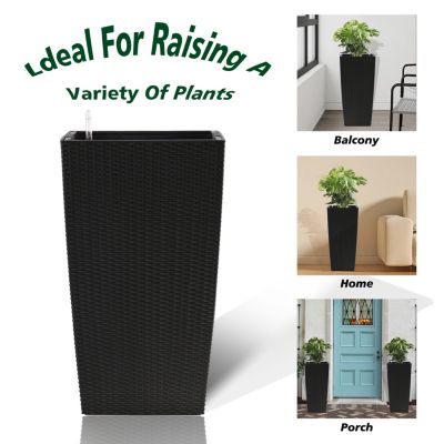 Large Black Faux Rattan Planter with Self-Watering System