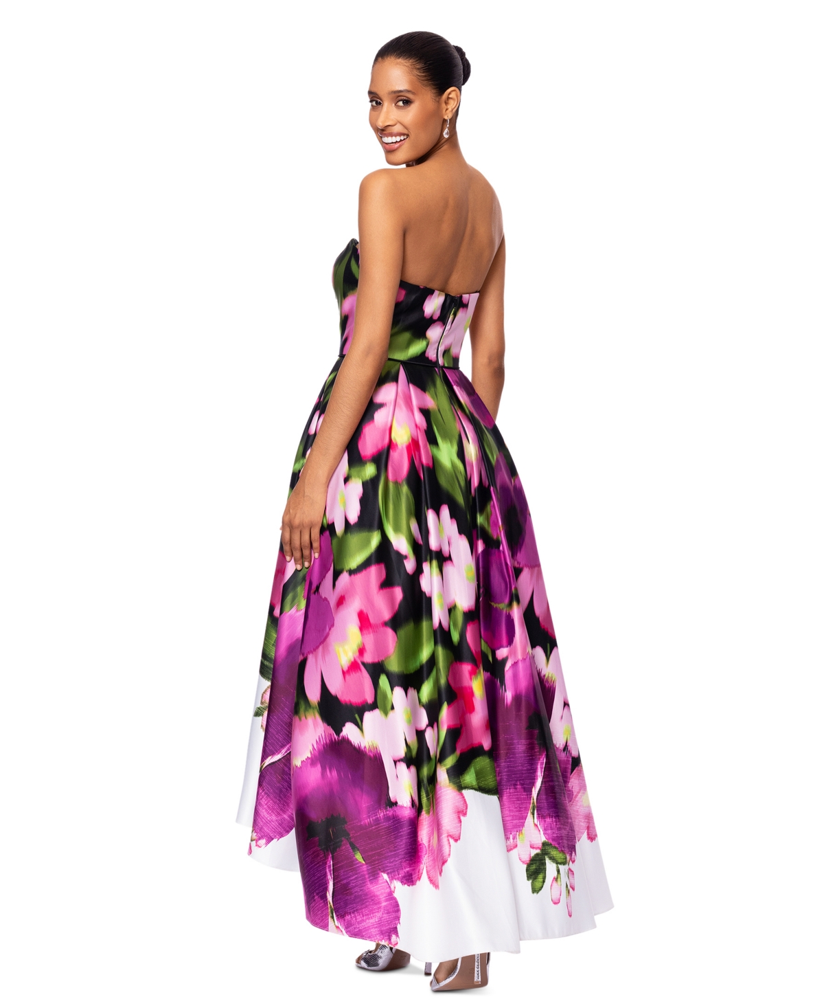 Shop Betsy & Adam Women's Floral Print Strapless Ball Gown In White Multi