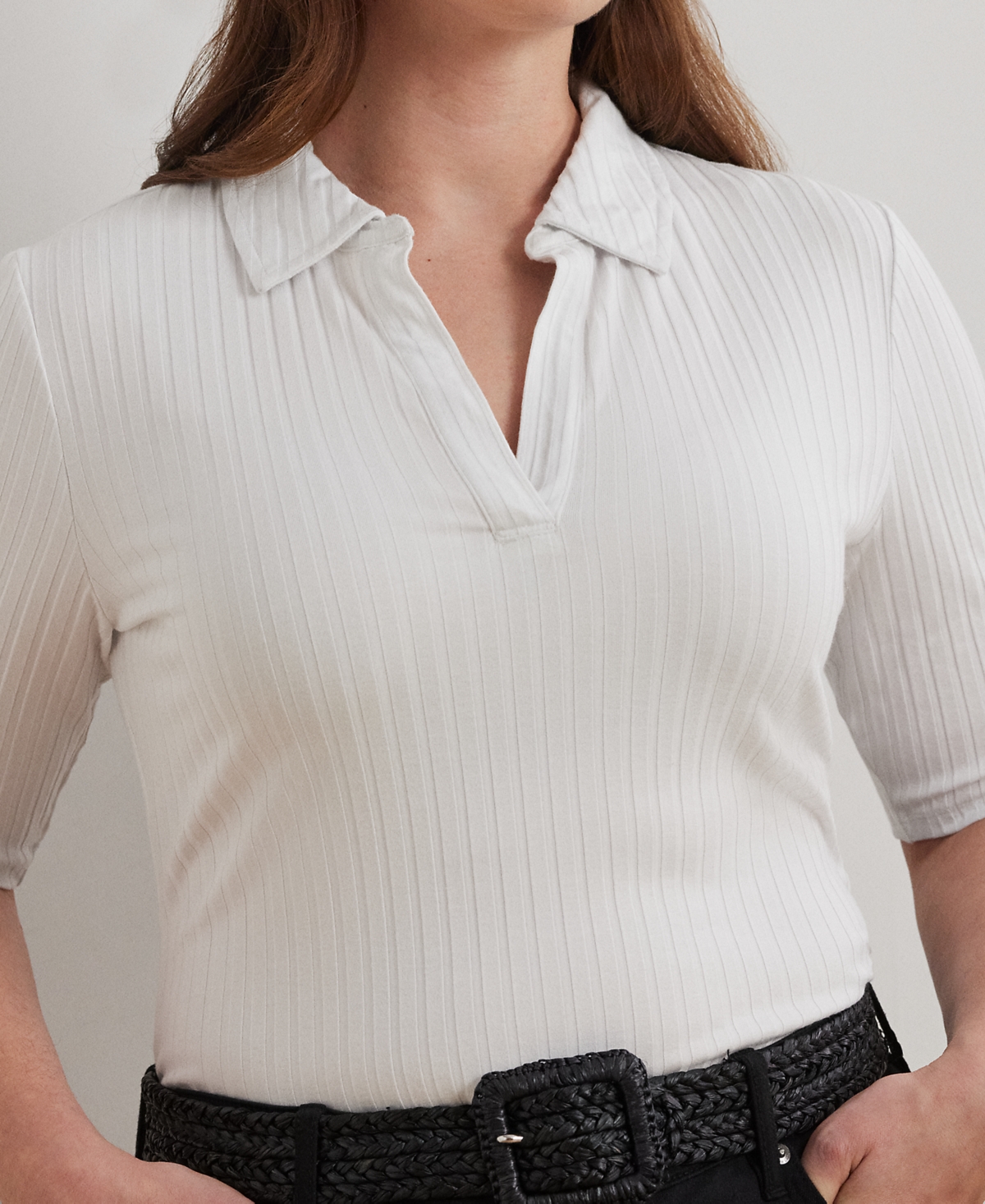 RALPH LAUREN PLUS SIZE RIB-KNIT ELBOW-SLEEVE POLO TEE 