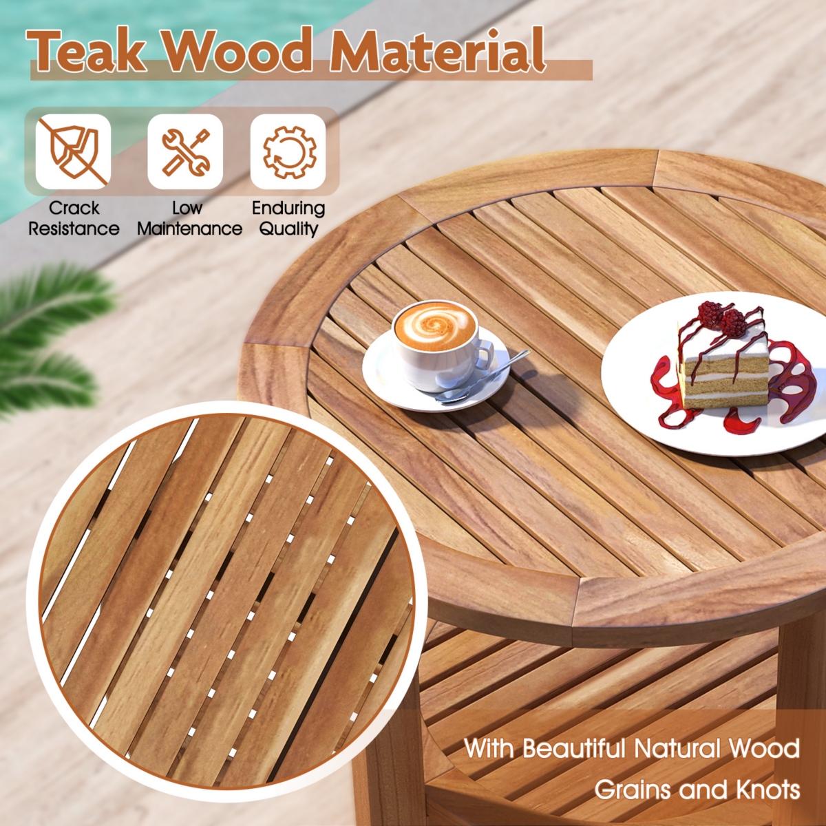 Patio Teak Wood End Table with Round Top and Lower Storage Shelf