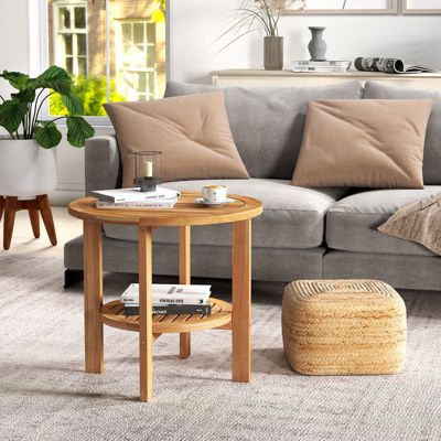 Patio Teak Wood End Table with Round Top and Lower Storage Shelf