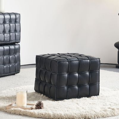 17.32"W Genuine Leather Tufted Ottoman,Footstool for Living Room & Bedroom,Black Color