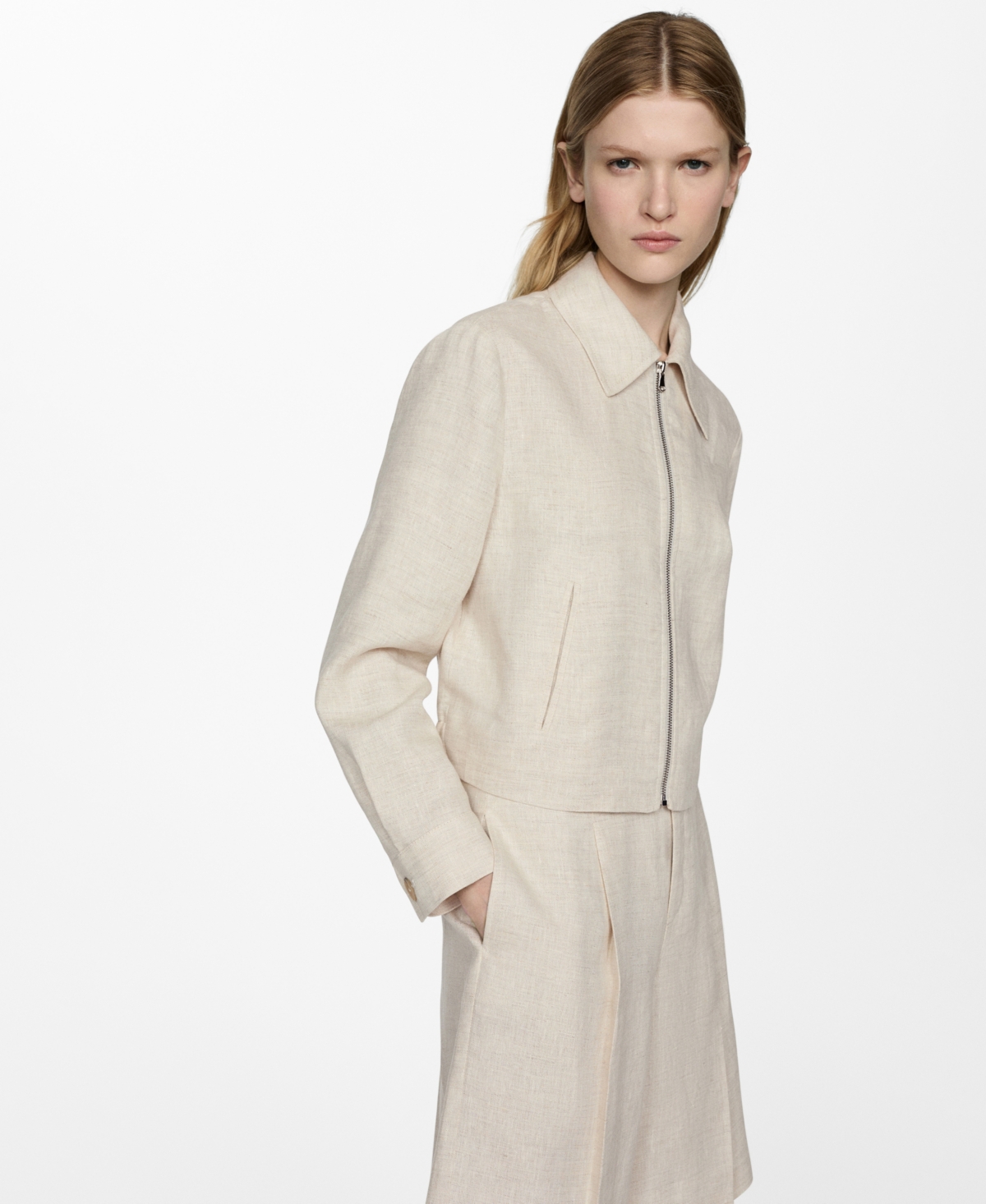 Shop Mango Women's Linen Zip Jacket In Light,pastel Gray