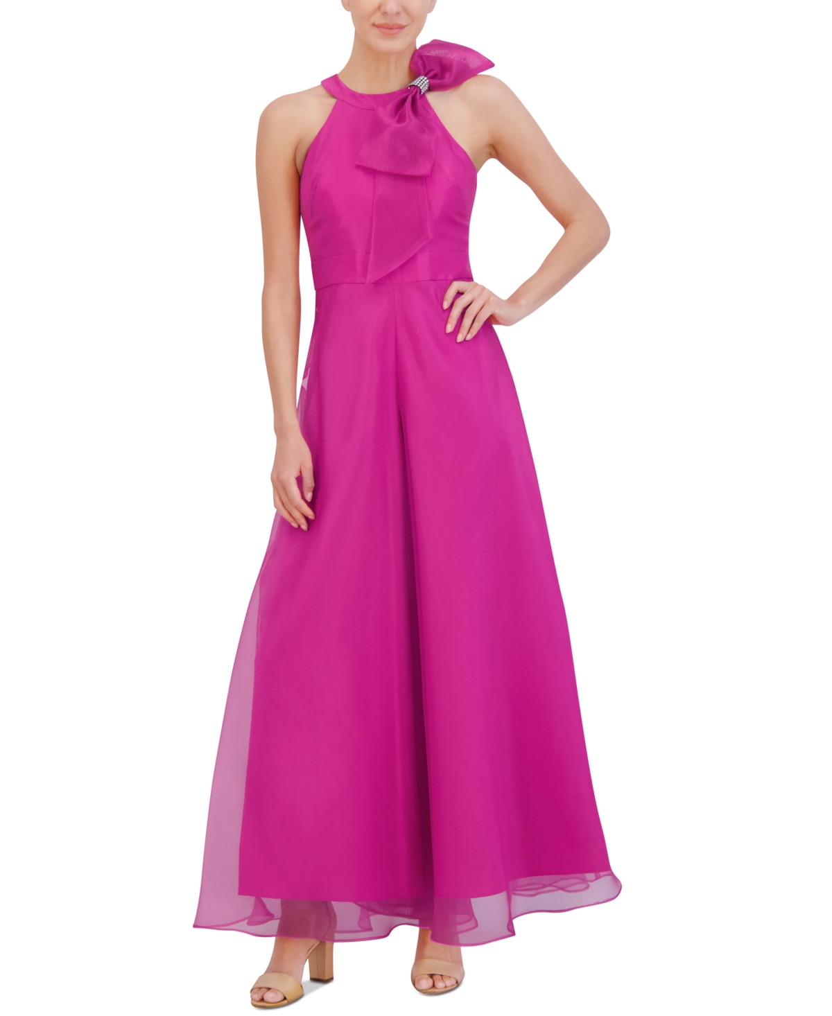 Shop Eliza J Petite Organza Bow-trim Halter Jumpsuit In Fuchsia