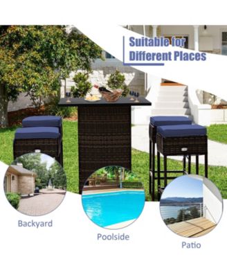 5 Pieces Patio Rattan Bar Furniture Set with Cushions and Hidden Storage Shelf For Outdoor