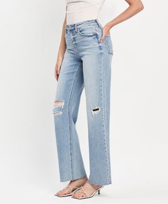 Women's High Rise Raw Hem Wide Leg Jeans