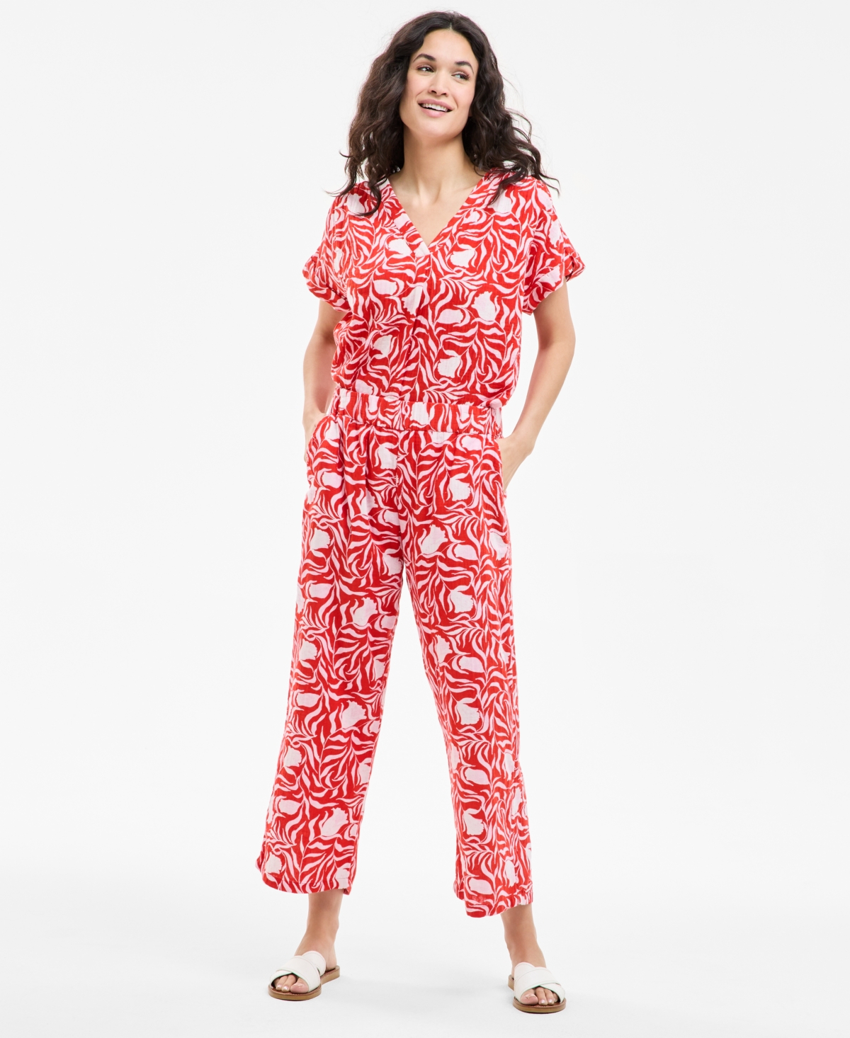 Women's Printed Cotton Gauze Cropped Pull-On Pants, Exclusively at Macy's - Orange Floral