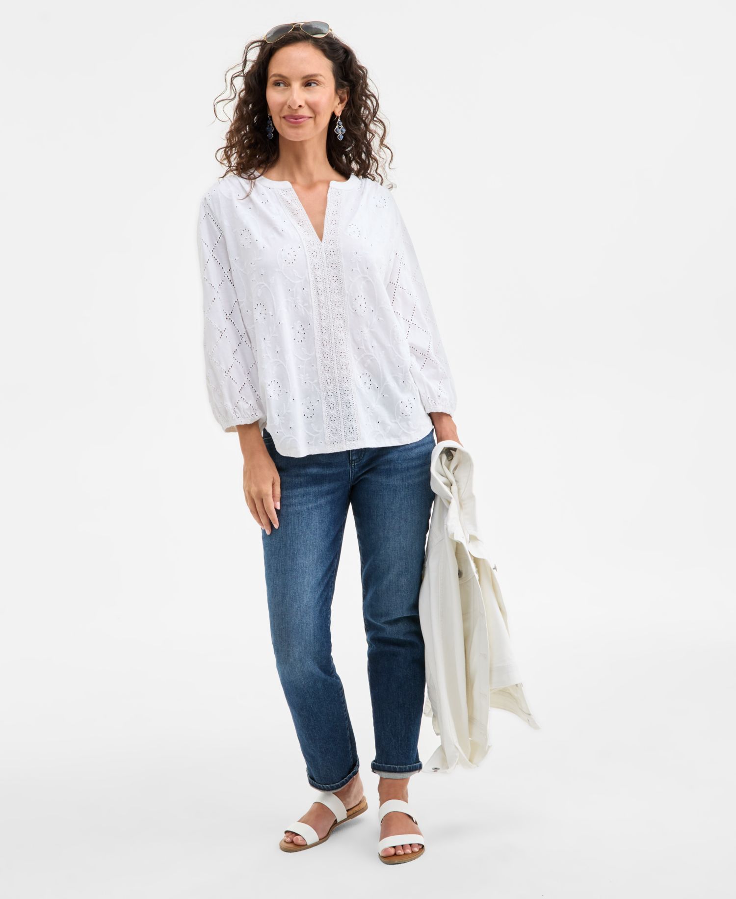Women's Split-Neck Eyelet-Embroidered Top