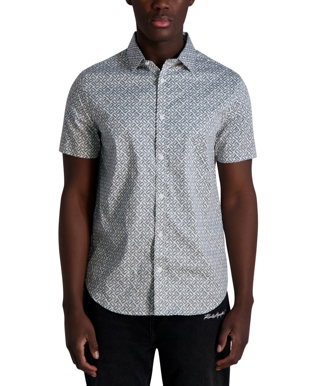 Karl Lagerfeld Printed Short Sleeve Button Front Shirt In Black,white