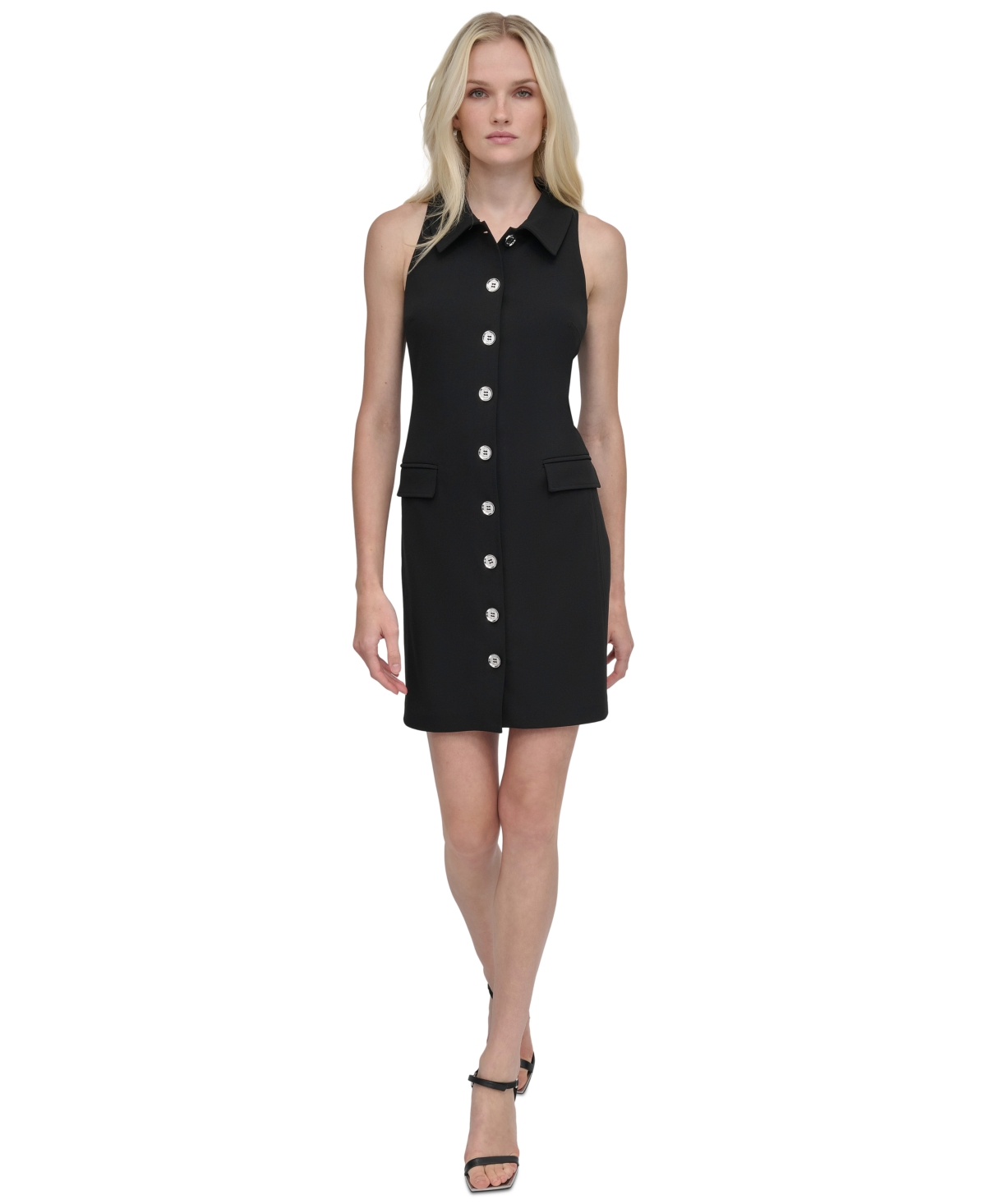 Dkny Women's Collared Sleeveless Scuba Crepe Shirtdress In Black