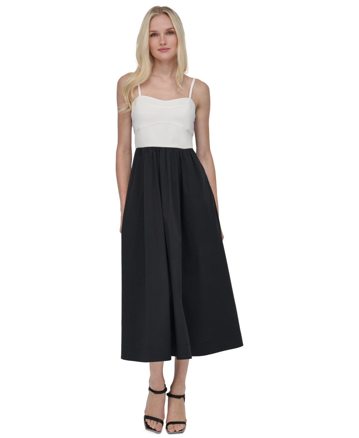 DKNY WOMEN'S COLORBLOCKED BUSTIER SLEEVELESS MIDI DRESS 