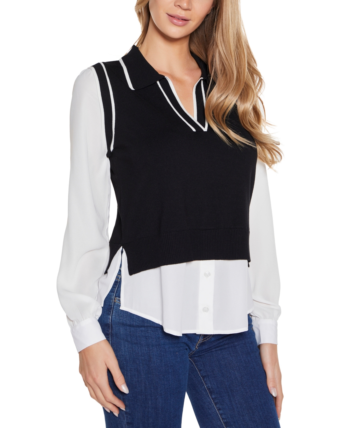Shop Belldini Women's Collared Two-fer Sweater In Black,white