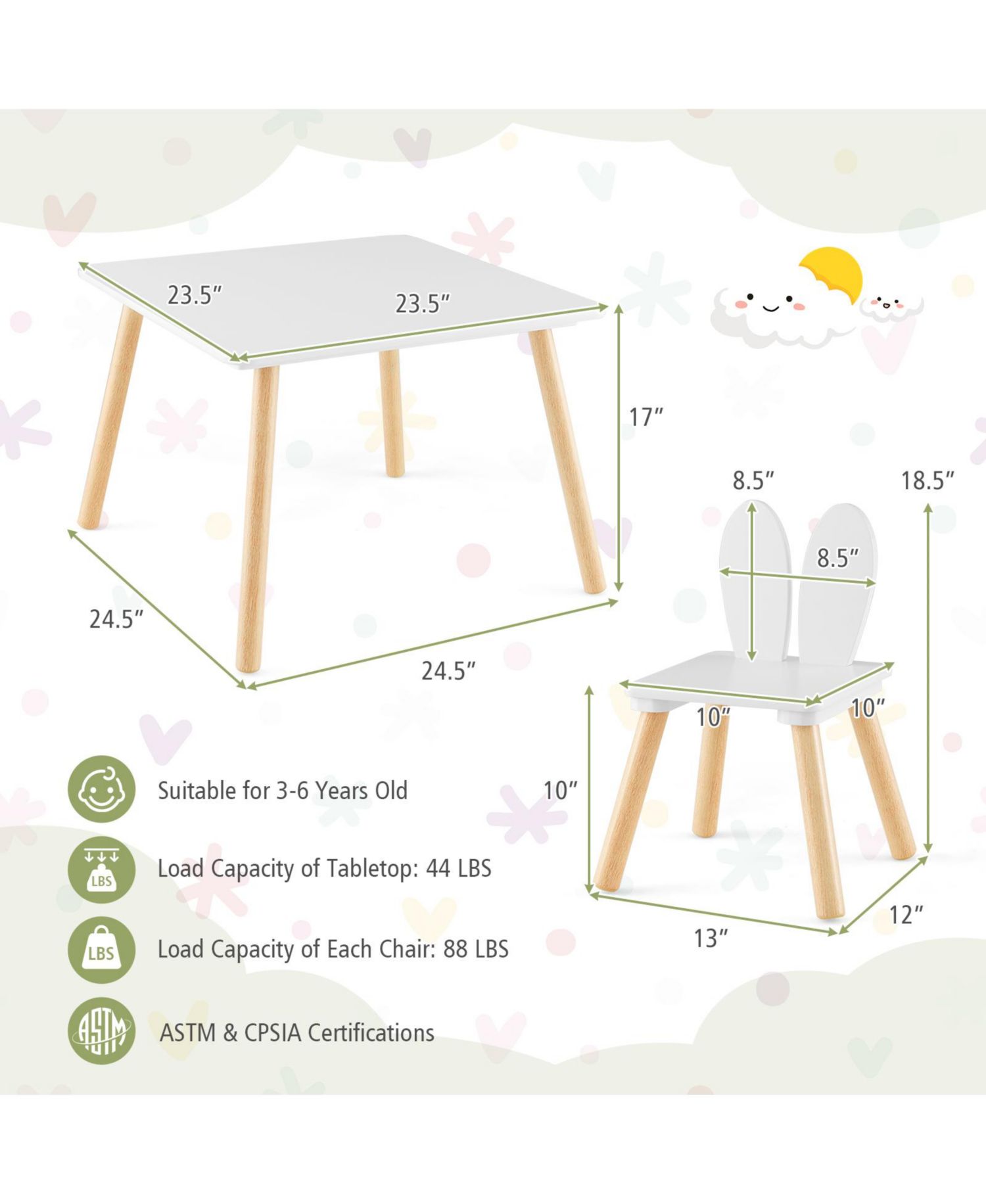 3 Pieces Kids Table and Chairs Set for Arts Crafts Snack Time