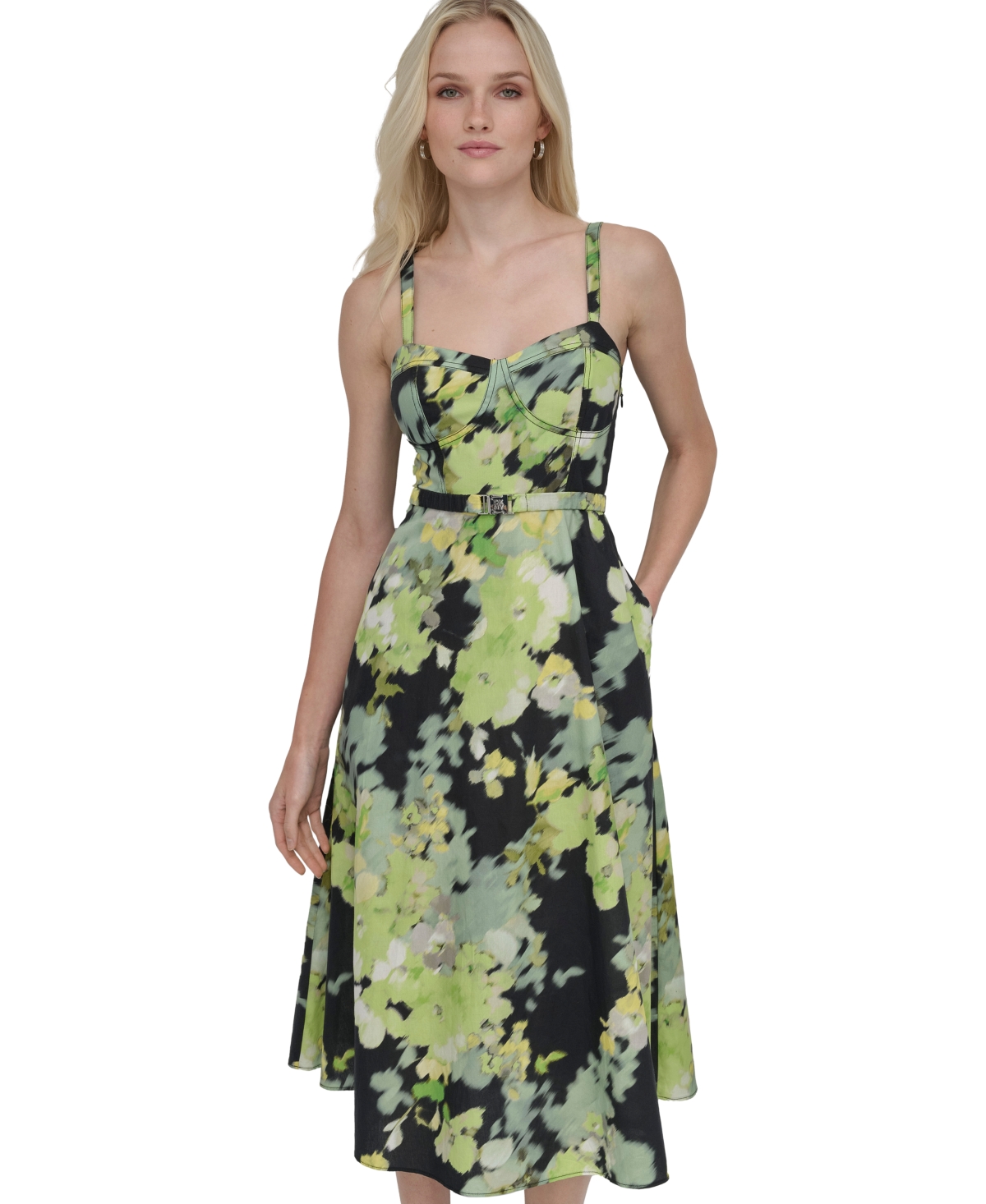 DKNY WOMEN'S COTTON CORSET BELTED MIDI DRESS 