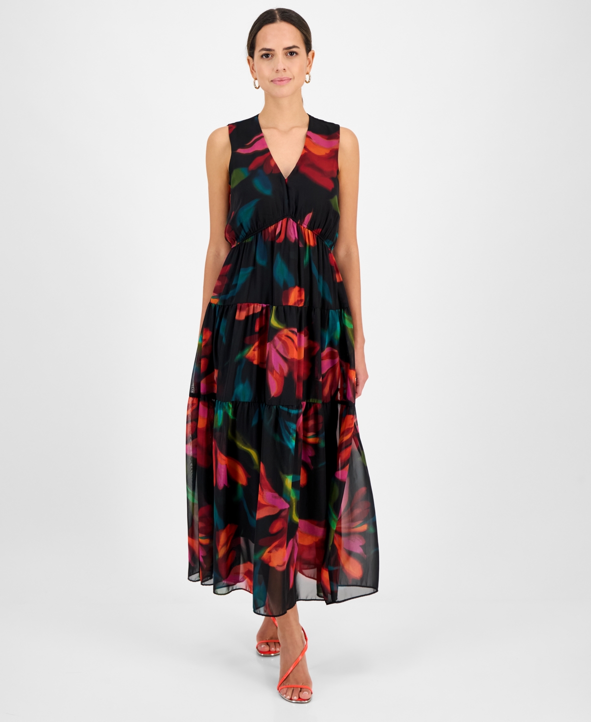 Women's V-Neck Sleeveless Tiered Dress - Black/mult