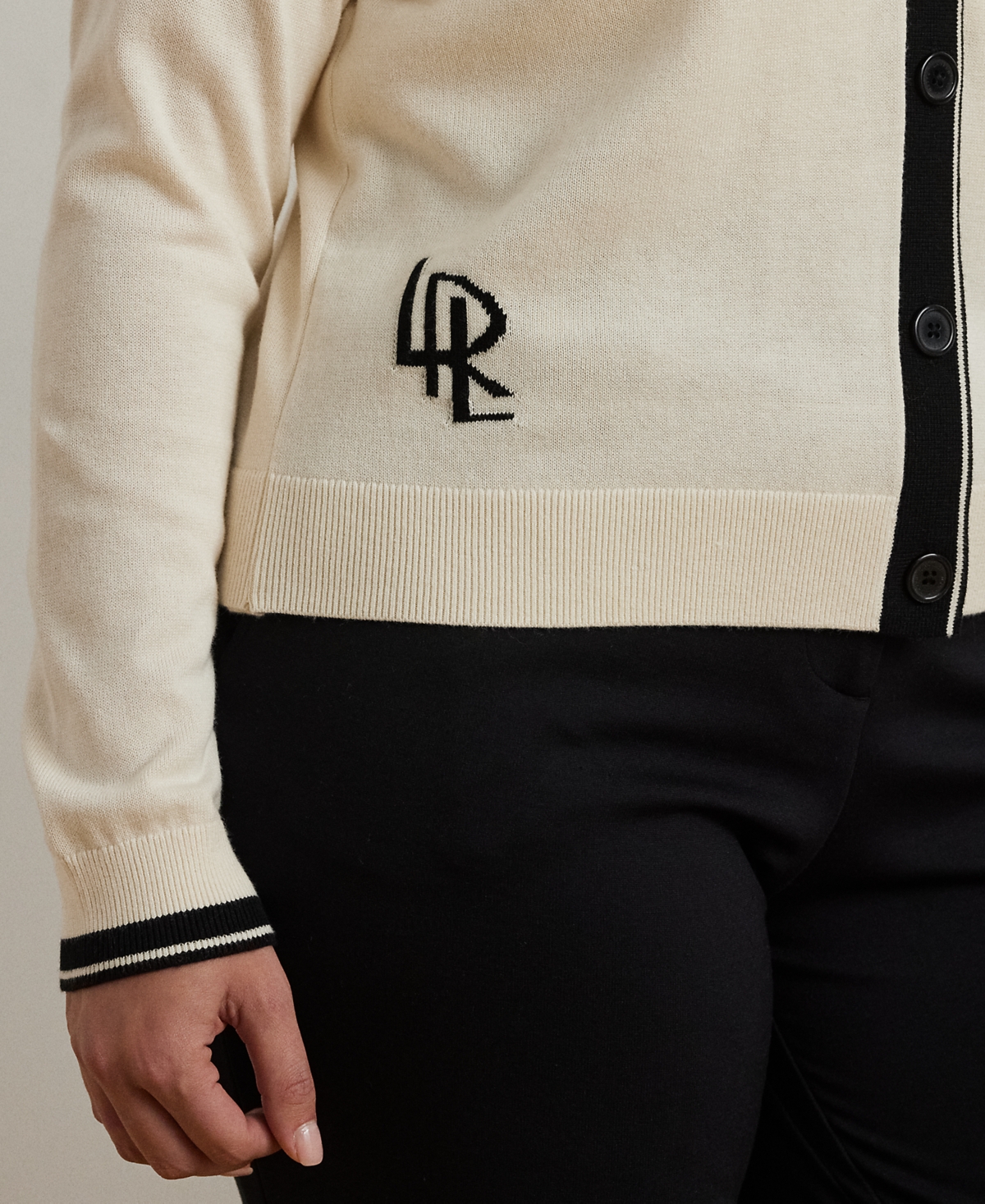 Shop Ralph Lauren Plus Size Two-tone Cotton-blend Cardigan In Mascarpone Cream Black