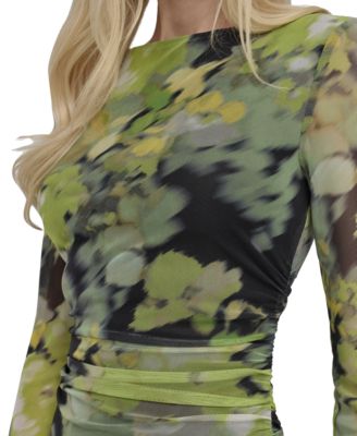 DKNY Women's Printed-Mesh Ruched-Side Bodycon Dress