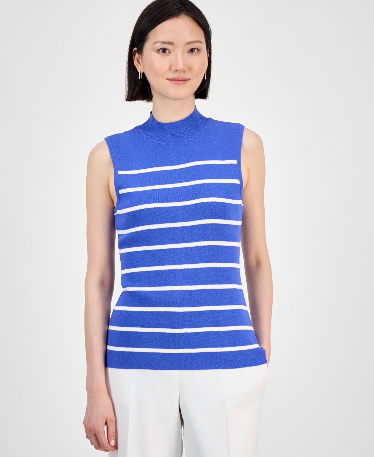 Petite Striped Mock Neck Knit Top - Pacific Blue Ivory