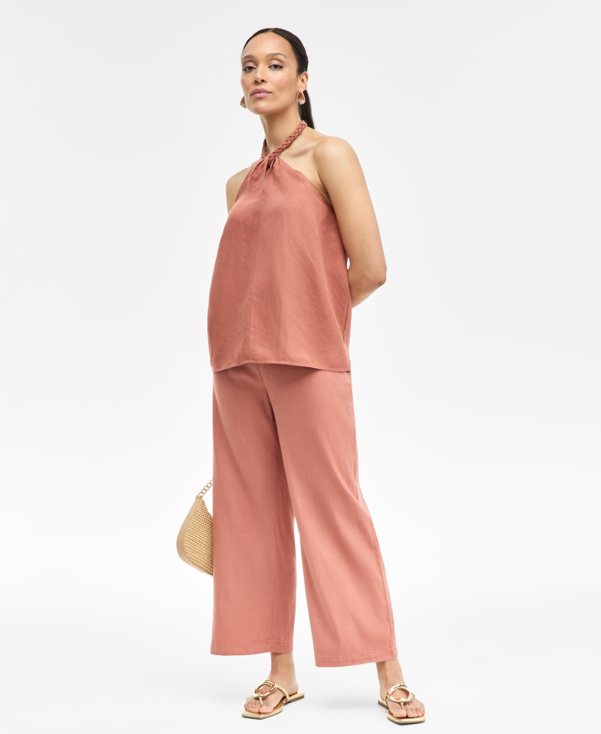 Inc International Concepts Women's Linen-blend Braided Halter Top, Exclusively At Macy's In Brown
