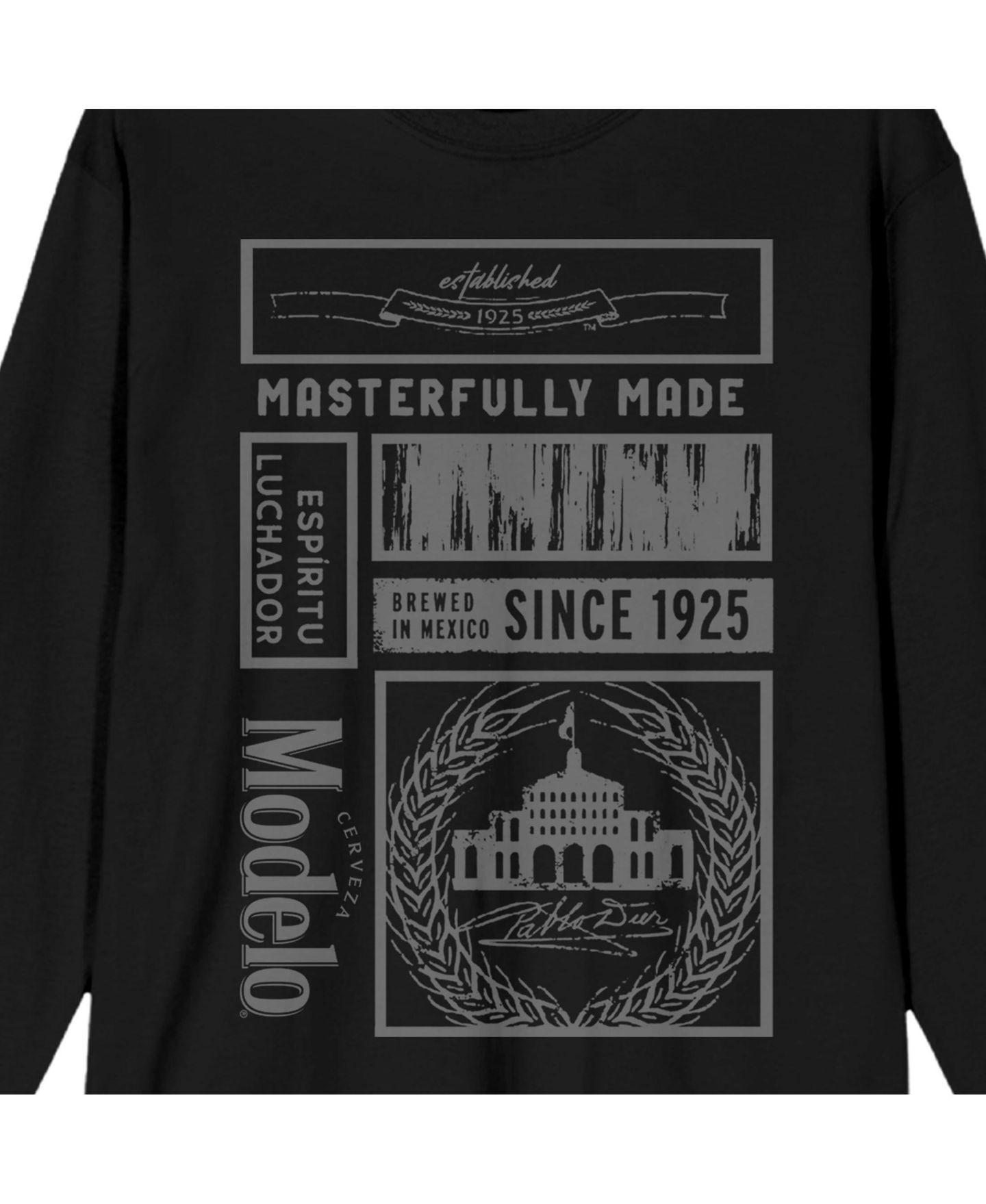 Мужская футболка Modelo Masterfully Made Label Collage Crew Neck Long Sleeve Black Adult Tee-Large, цвет: Чёрный — фото 2