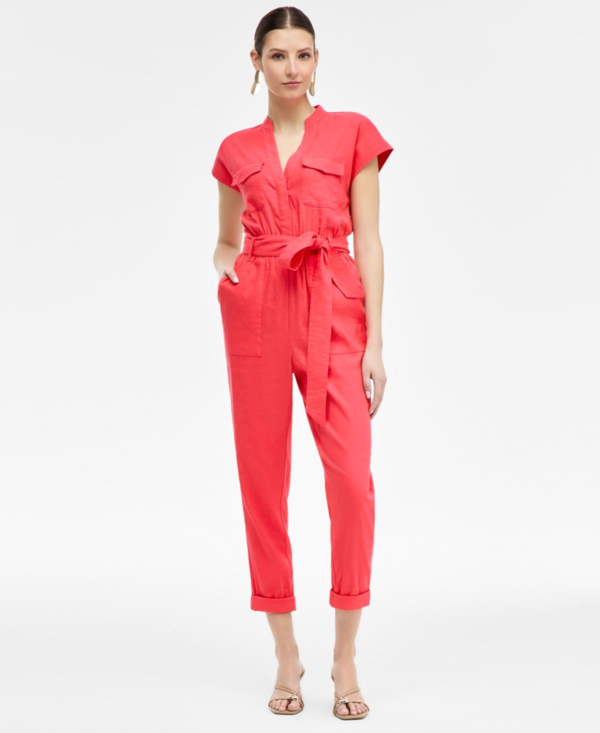 Women's Belted Cap-Sleeve Jumpsuit, Exclusively at Macy's - Starfish Pink