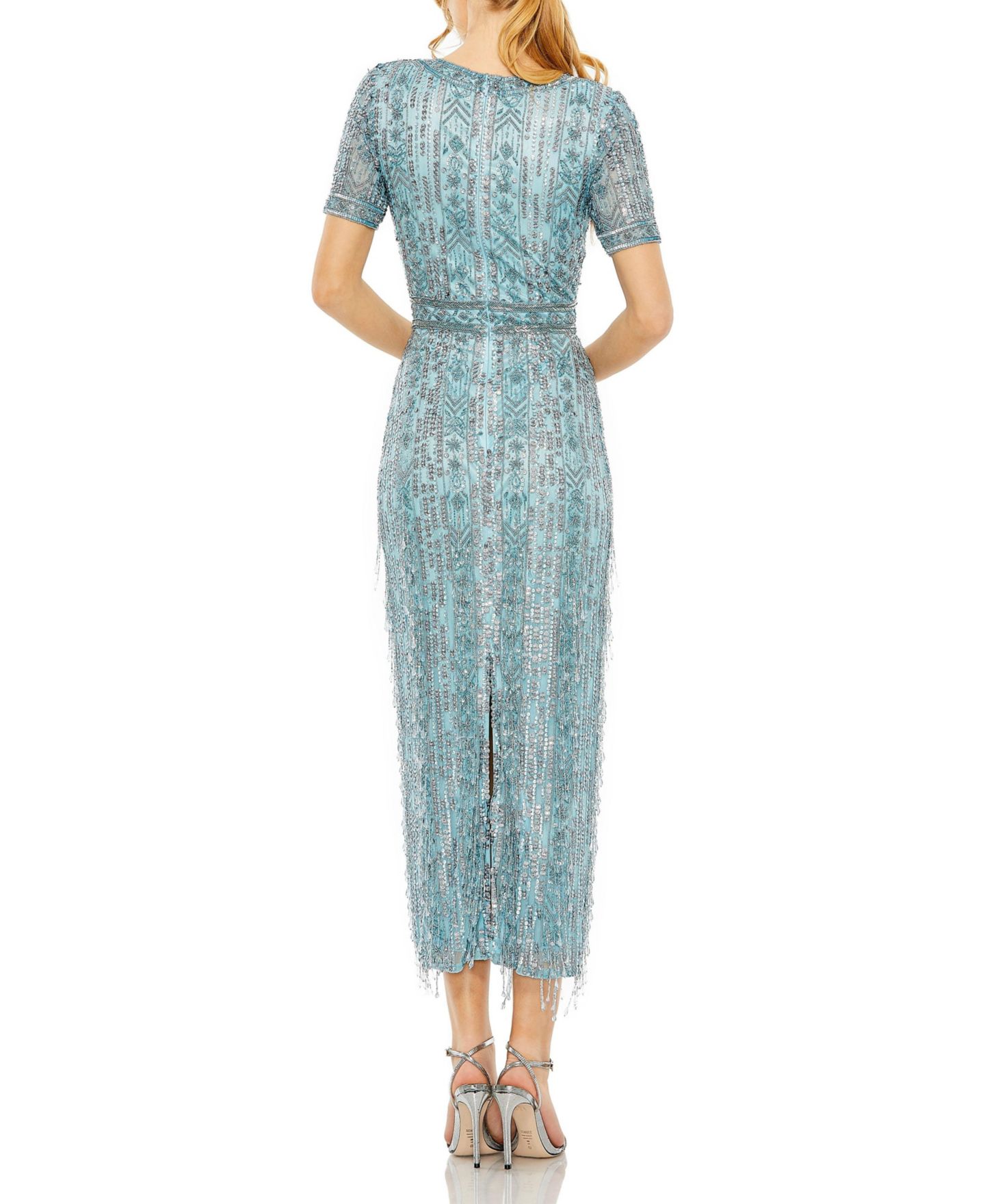 Женское платье Mac Duggal High Neck Short Sleeve Crystal Fringe Column, цвет: Синий — фото 7