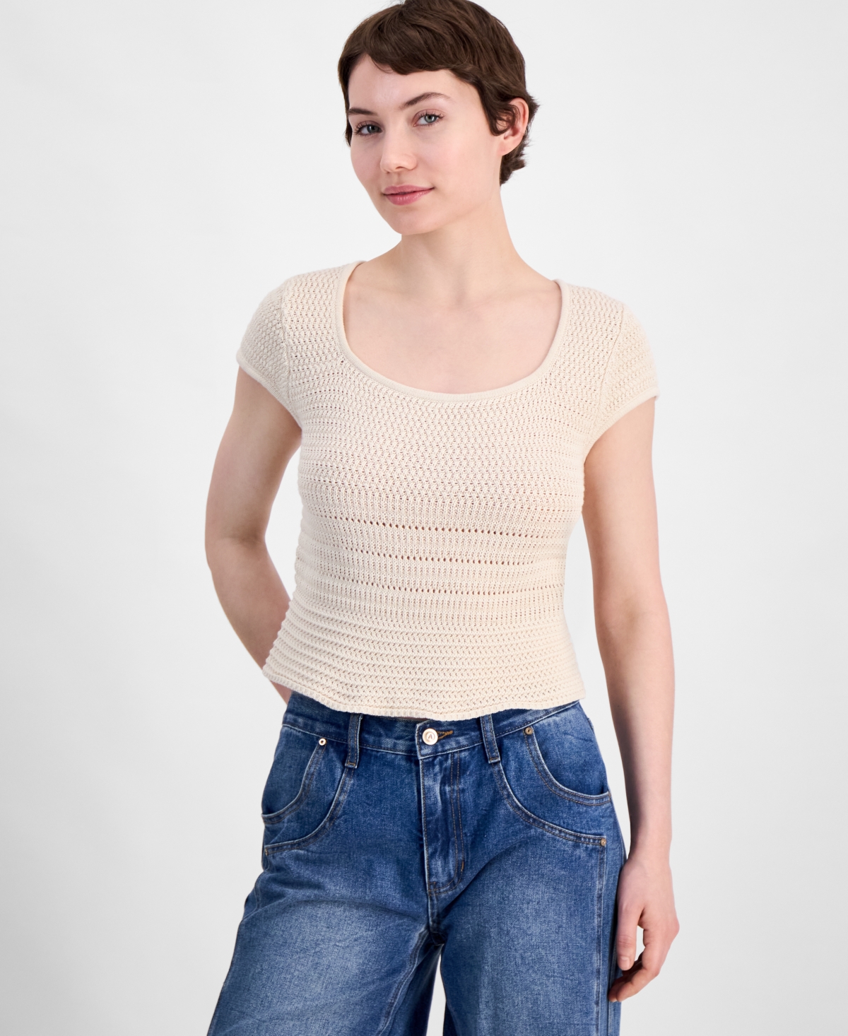 French Connection Nellis Open Stitch Short Sleeve Cotton Sweater In Ecru